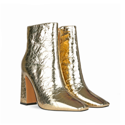 Golden Shiny Metallic Square Toe High Heel Ankle Boots
