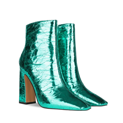 Green Shiny Metallic Square Toe High Heel Ankle Boots