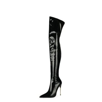 Black Long Thigh High Boots Stiletto Heel Wide Calf Zip Dance Boots