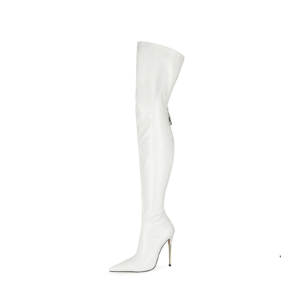 White Long Thigh High Boots Stiletto Heel Wide Calf Zip Dance Boots
