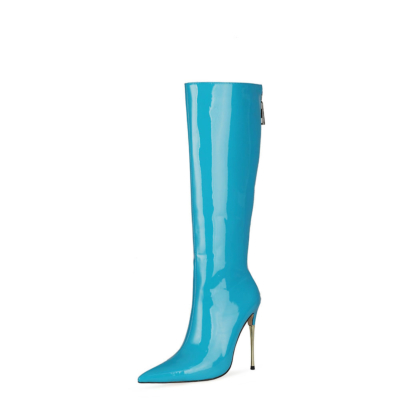 Shiny Blue Tall Zip Boots Metallic Stiletto Heel Knee High Boots For Work