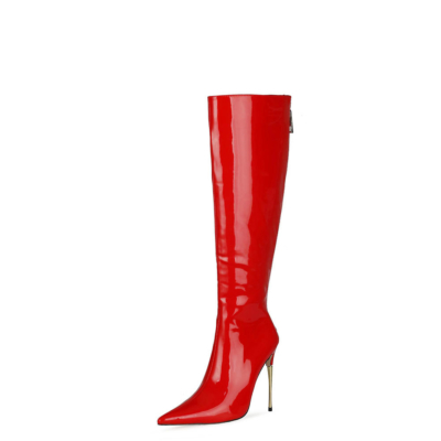 Red Tall Zip Boots Metallic Stiletto Heel Knee High Boots For Work