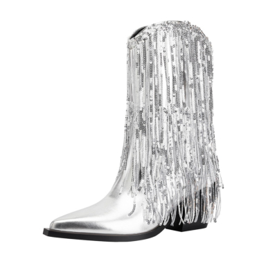 Silver Metallic Tassel Ankle Boots Chunky Heels Cowboy Boots with Pointed Toe