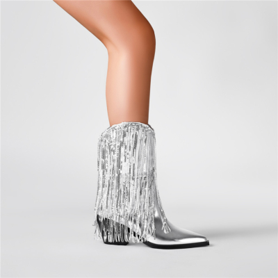 Silver Metallic Tassel Ankle Boots Chunky Heels Cowboy Boots with Pointed Toe