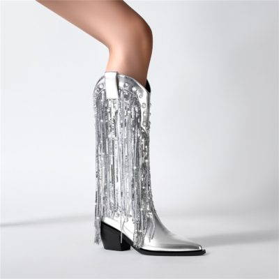 Silver Metallic Tassel Cowboy Boots Block Heel Pearl Embellished Ankle Boots