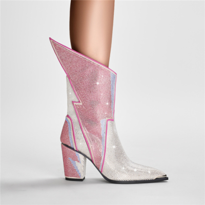 Silver&Pink Jeweled Ankle Boots Chunky Heel Zip Rhinestones Boots