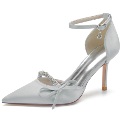 Silver Satin  Ankle Strap Rhinestone Pointed Toe Stiletto Wedding Pumps
