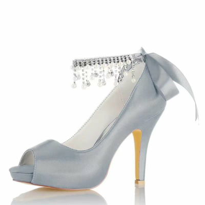 Silver Satin Peep Toe Wedding Shoes  Ankle Strap Stiletto Heel Platform Pumps