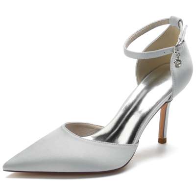 Silver Satin Pointed Toe Ankle Strap  Stiletto Heel Wedding Pumps