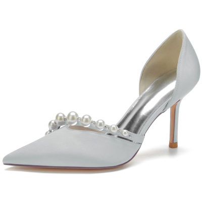 Silver Satin Pointed Toe Pearl Stiletto Heel Wedding Pumps
