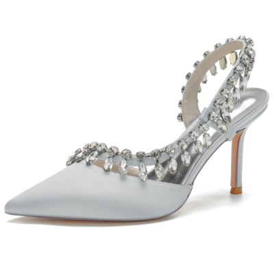 Silver Satin slingback Rhinestone Pointy Toe Stiletto Heel Bridal Shoes