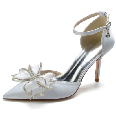 Silver Satin Wedding Shoes Ankle Strap Pointed Toe Stiletto Pumps with Bow