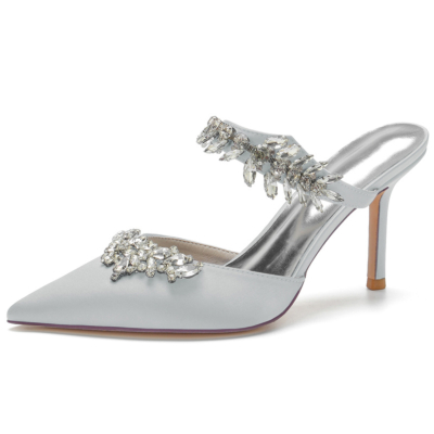 Silver Satin Wedding Shoes Pointed Toe Stiletto Heel Rhinestone Mules 