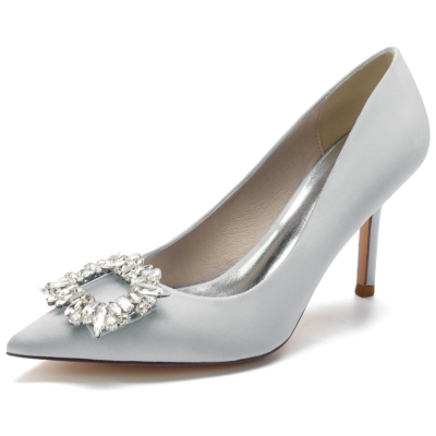Silver Satin Wedding Shoes Pointed Toe Stiletto Heel Pumps
