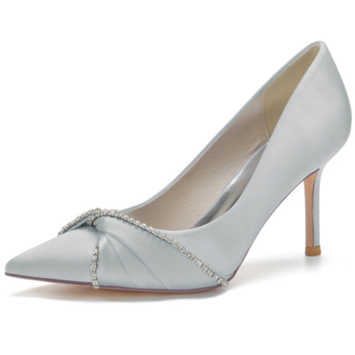 Silver Satin Wedding Shoes Pointed Toe Stiletto Heel Pumps with Bow