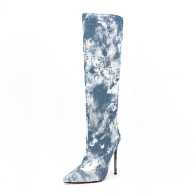 Sky Blue Stiletto Denim Boots Pointy Toe Vintage Dress Knee High Boots