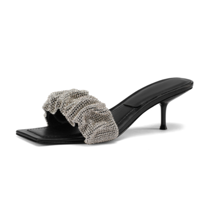 Slide Heeled Party Sandals Square Toe Crystal Embellished Sandals Shoes in Black