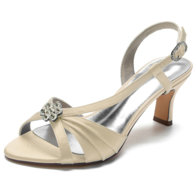 Champagne Satin Slingbacks Sandals Heels Jewelled Flower Cutout Sandals