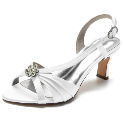 White Satin Slingbacks Sandals Heels Jewelled Flower Cutout Sandals