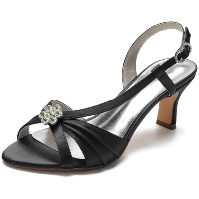 Black Satin Slingbacks Sandals Heels Jewelled Flower Cutout Sandals