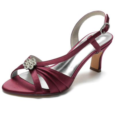 Burgundy Satin Slingbacks Sandals Heels Jewelled Flower Cutout Sandals