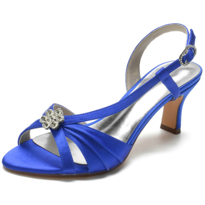 Royal Blue Satin Slingbacks Sandals Heels Jewelled Flower Cutout Sandals