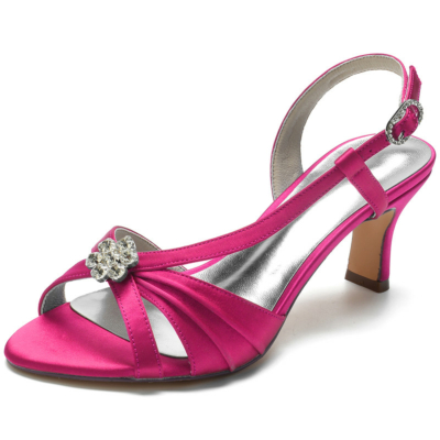 Magenta Satin Slingbacks Sandals Heels Jewelled Flower Cutout Sandals