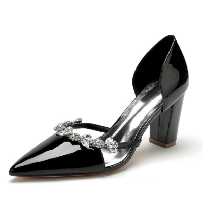 Black Slip On D'orsay Pumps Rhinestone Embellished Dress Shoes with Chunky Heels