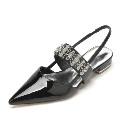 Black Slip On Jewelled Wide Strap Wedding Mules Flats Shoes with Closed Toe