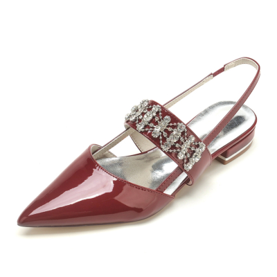 Burgundy Slip On Jewelled Wide Strap Wedding Mules Flats Shoes with Closed Toe