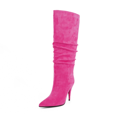 Fuchsia Slouchy Dress Boot Stiletto Heel Pointed Toe Knee High Boots