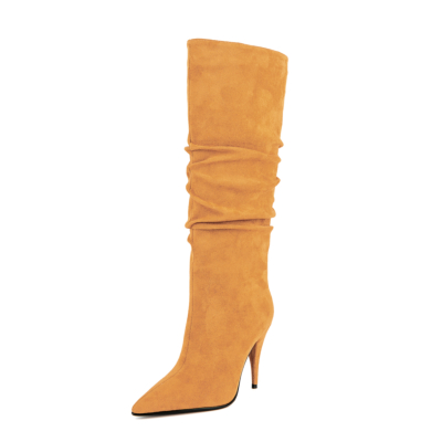 Yellow Slouchy Dress Boot Stiletto Heel Pointed Toe Knee High Boots