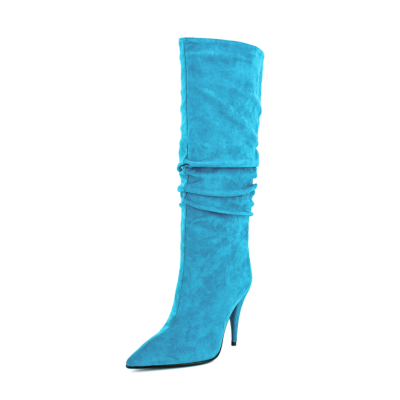 Cyan Slouchy Dress Boot Stiletto Heel Pointed Toe Knee High Boots