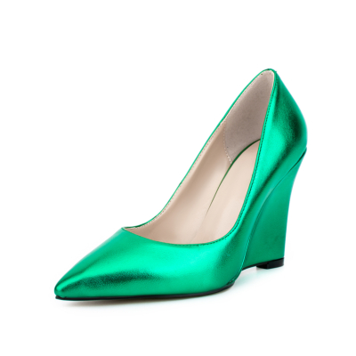 Green Smooth Metallic Heels Pointed Toe Wedge Heel Pumps