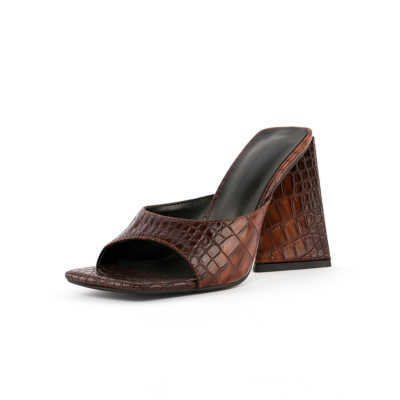Brown Snake Effect Heeled Slide Sandals 4 inch Block Heel Dresses Shoes
