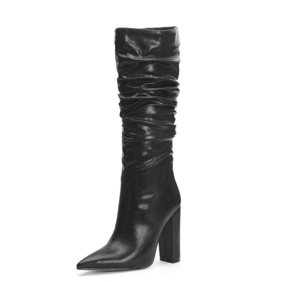 Black Snake Embossed Pointy Toe Zip Block Heel Slouchy Mid Calf Boots