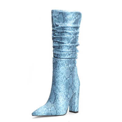 Light Blue Snake Embossed Zip Block Heel Slouchy Mid Calf Boots