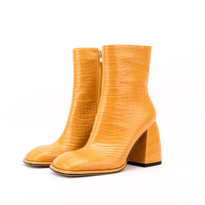 Yellow Snake Print Block Heel Boots Square Toe Ankle Booties With Side Zipper