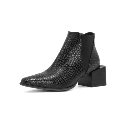 Black Snake Print Chelsea Boots Chunky Heel Short Ankle Boots