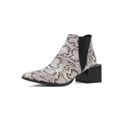 White Snake Print Chelsea Boots Chunky Heel Short Ankle Boots
