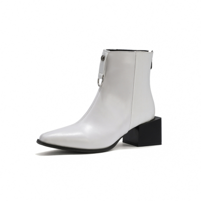 White Minimalist Block Heel Ankle Boots Pointy Toe Short Booties with Back Zipper
