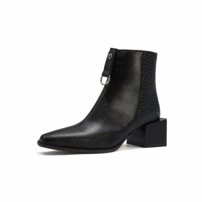 Black Snake Effect Block Heel Ankle Boots Pointy Toe Short Booties with Back Zipper