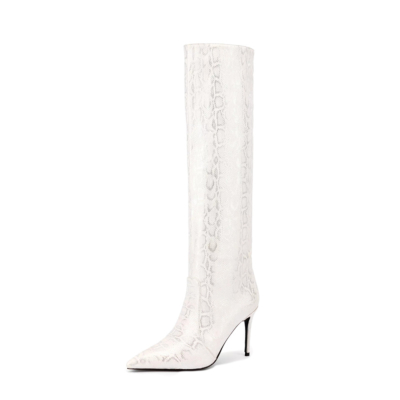 White Snake Print Knee High Stiletto Boots Pointed Toe Dress Boots For Women