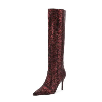 Burgundy Snake Print Knee High Stiletto Boots Pointed Toe Dress Boots For Women