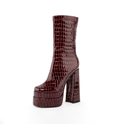 Wine Red Snake Print Platform Ankle Boots Patent Leather Chunky Heel Booties With Zipper
