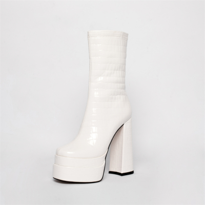 White Snake Print Platform Ankle Boots Patent Leather Chunky Heel Booties With Zipper