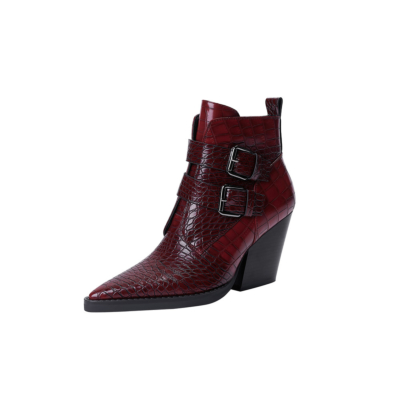 Burgundy Snake Printed Chelsea Boots Buckle Chunky Heel Pointed Toe Ankle Boots