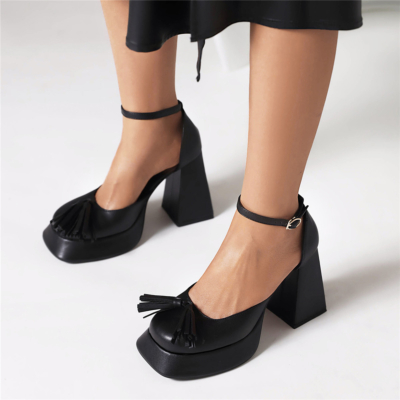 Black Chunky Heel Platform Tassel Mary Janes D'orsay Shoes