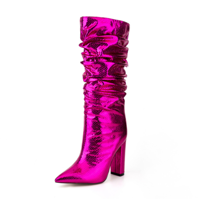 Snake Printed Metallic Knee High Boots Slouch Chunky Heel Boots