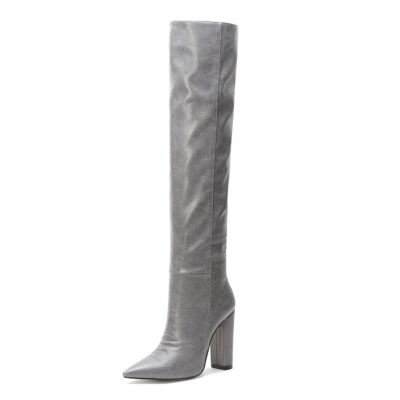 Grey Snake Printed Pointy Toe Block Heel Women Knee High Boots